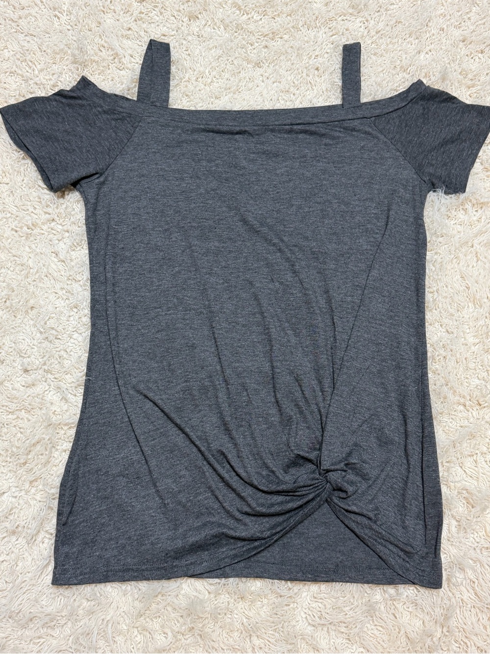 NWOT Temofon Women's medium Charcoal Grey Knot-Front Cold Shoulder Top